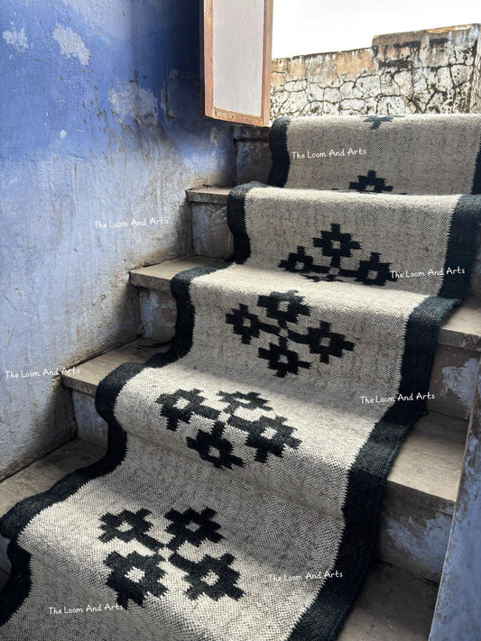 Navy Blue Jute Stair Runner, Staircase Rug, Floral Stair Rug