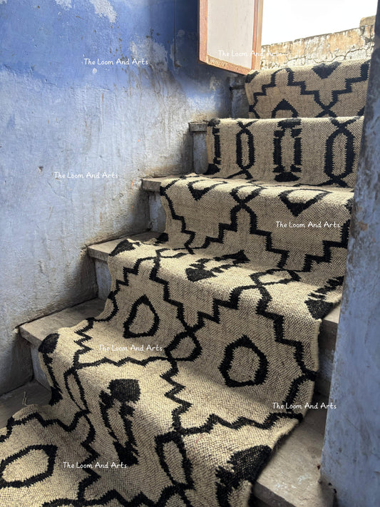 Jute Stair Runner, Black Staircase Rug, Floral Stair Rug