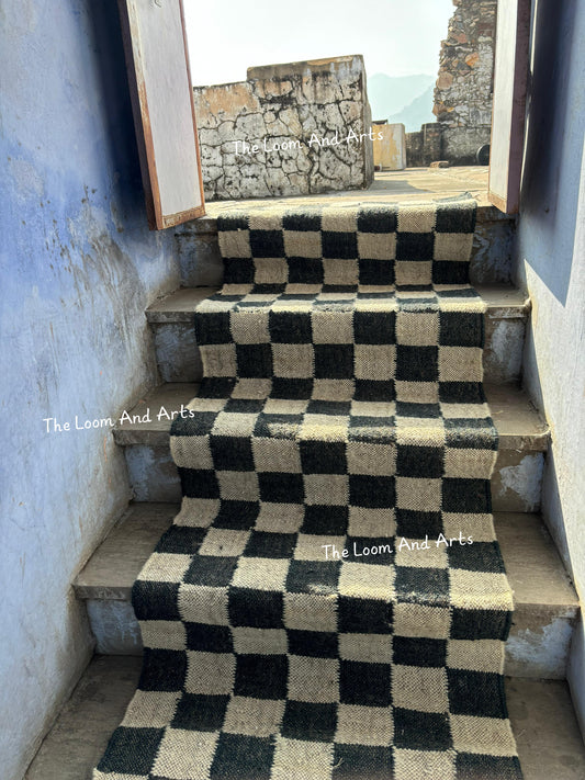 Black And White Jute Stair Runner, Modern Stair Runner, Floral Stair Rug