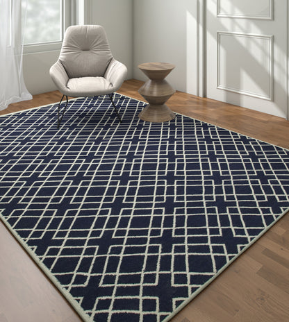 Navy Blue Flatweave Cotton Rug, Navy Dining Room Rug, Bedroom Cotton Navy Rug 9x12