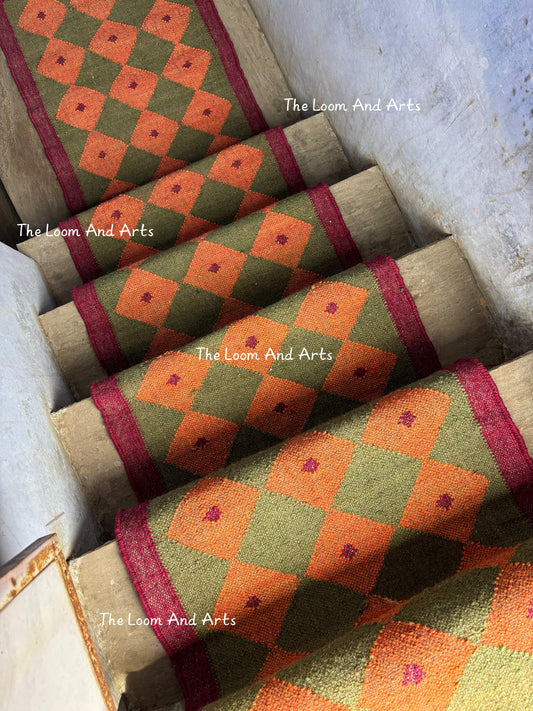 Green Jute Stair Runner, Staircase Runner Rug, Tribal Stair Runner