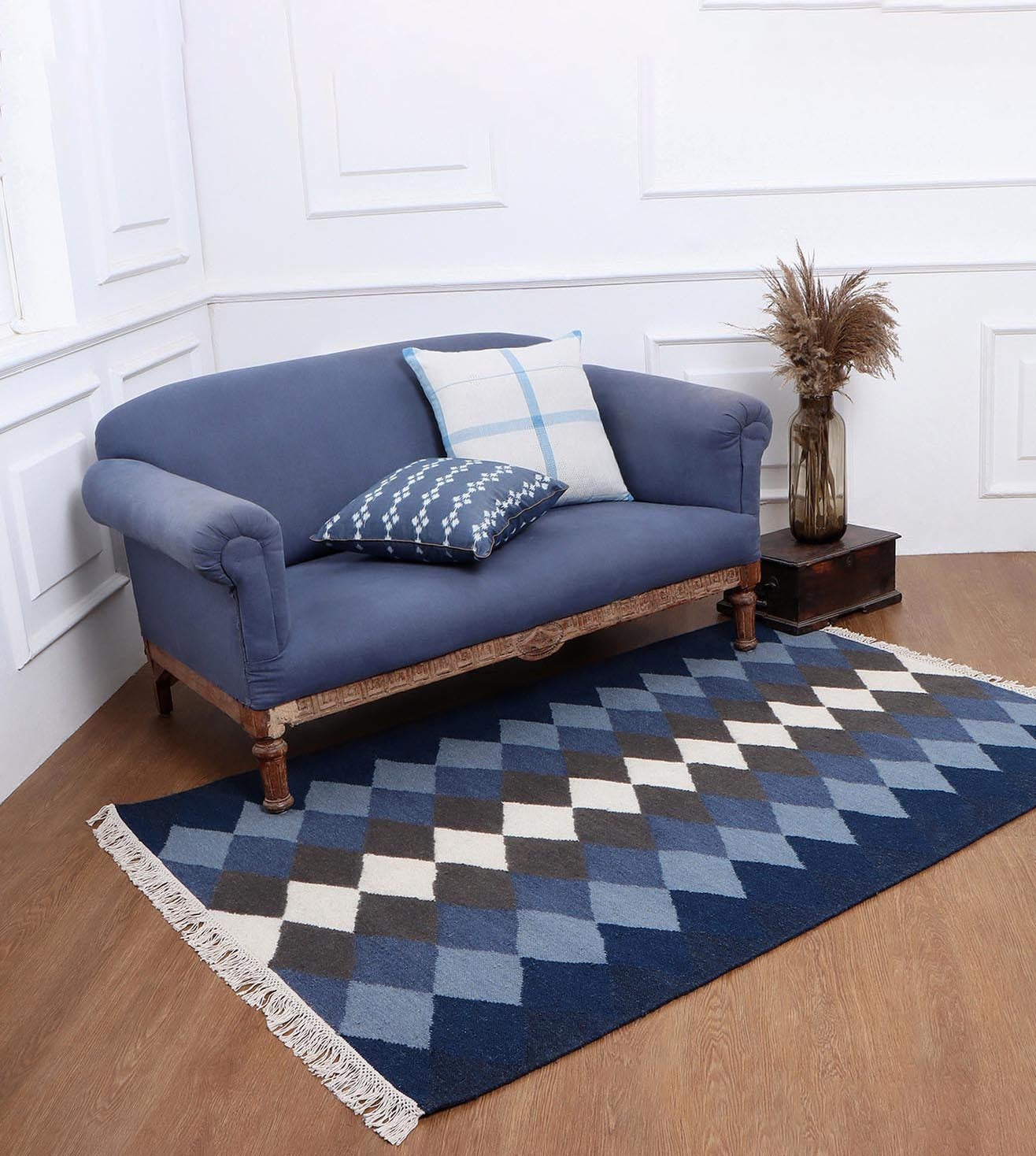 Zig Zag Navy Blue Dining Room Rug, 9x12 Flatweave Navy Blue Rug, Navy Blue Rug 8x10