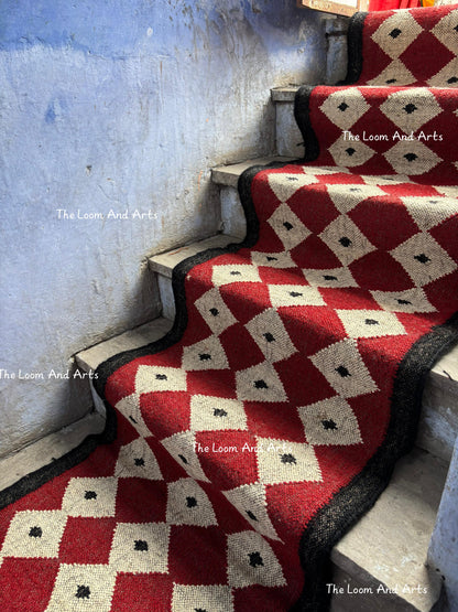 Red Jute Stair Runner, Staircase Runner Rug, Floral Stair Runner