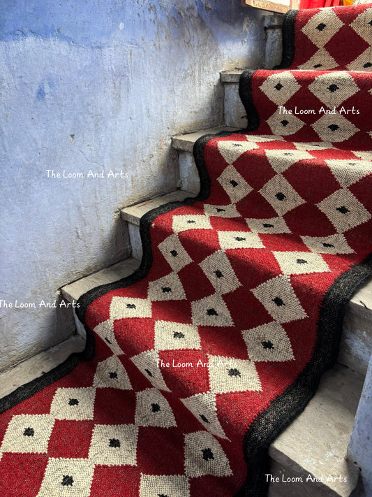 Red Jute Stair Runner, Staircase Runner Rug, Floral Stair Runner