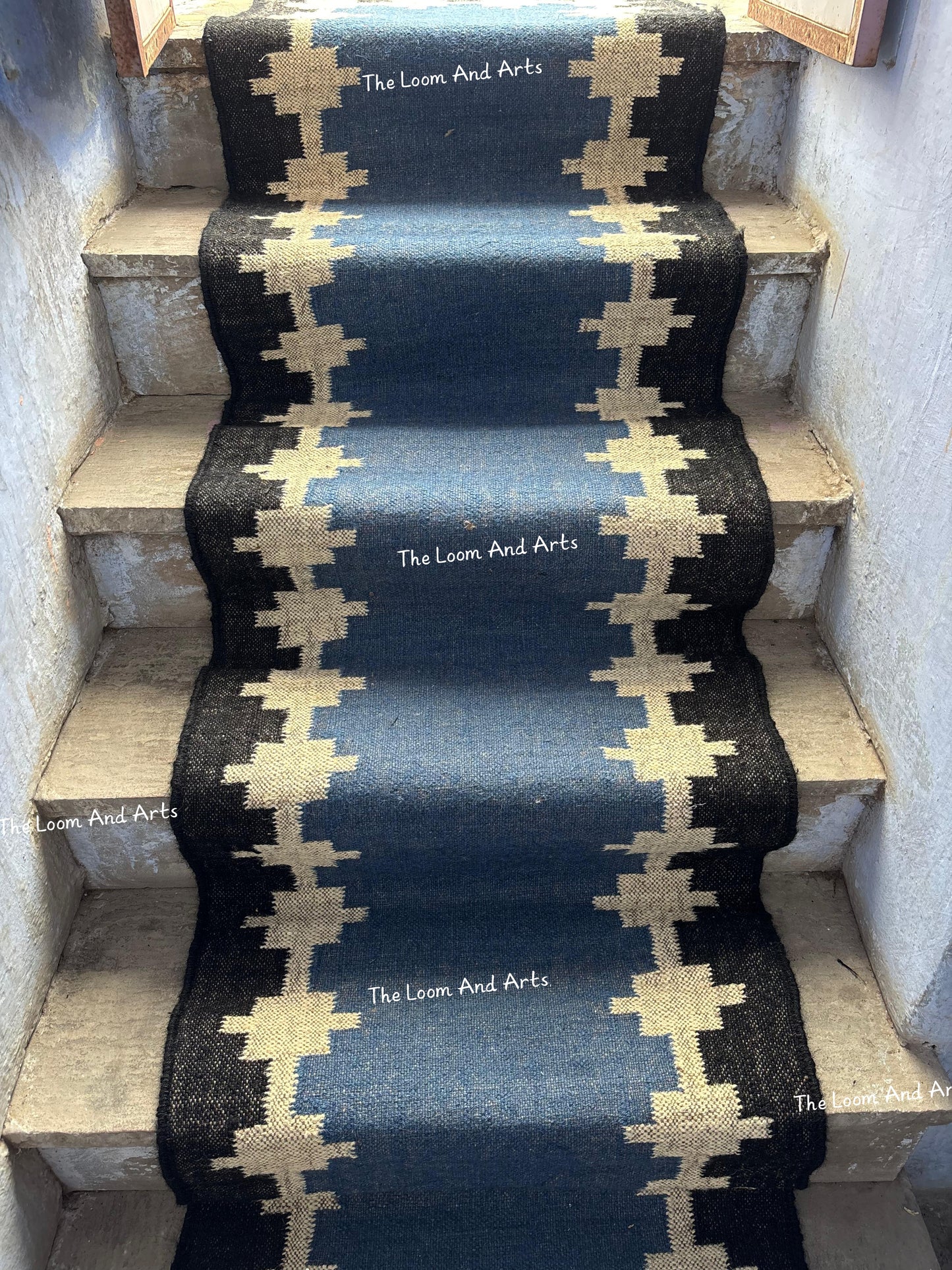 Blue Jute Stair Runner, Staircase Runner Rug, Floral Stair Runner