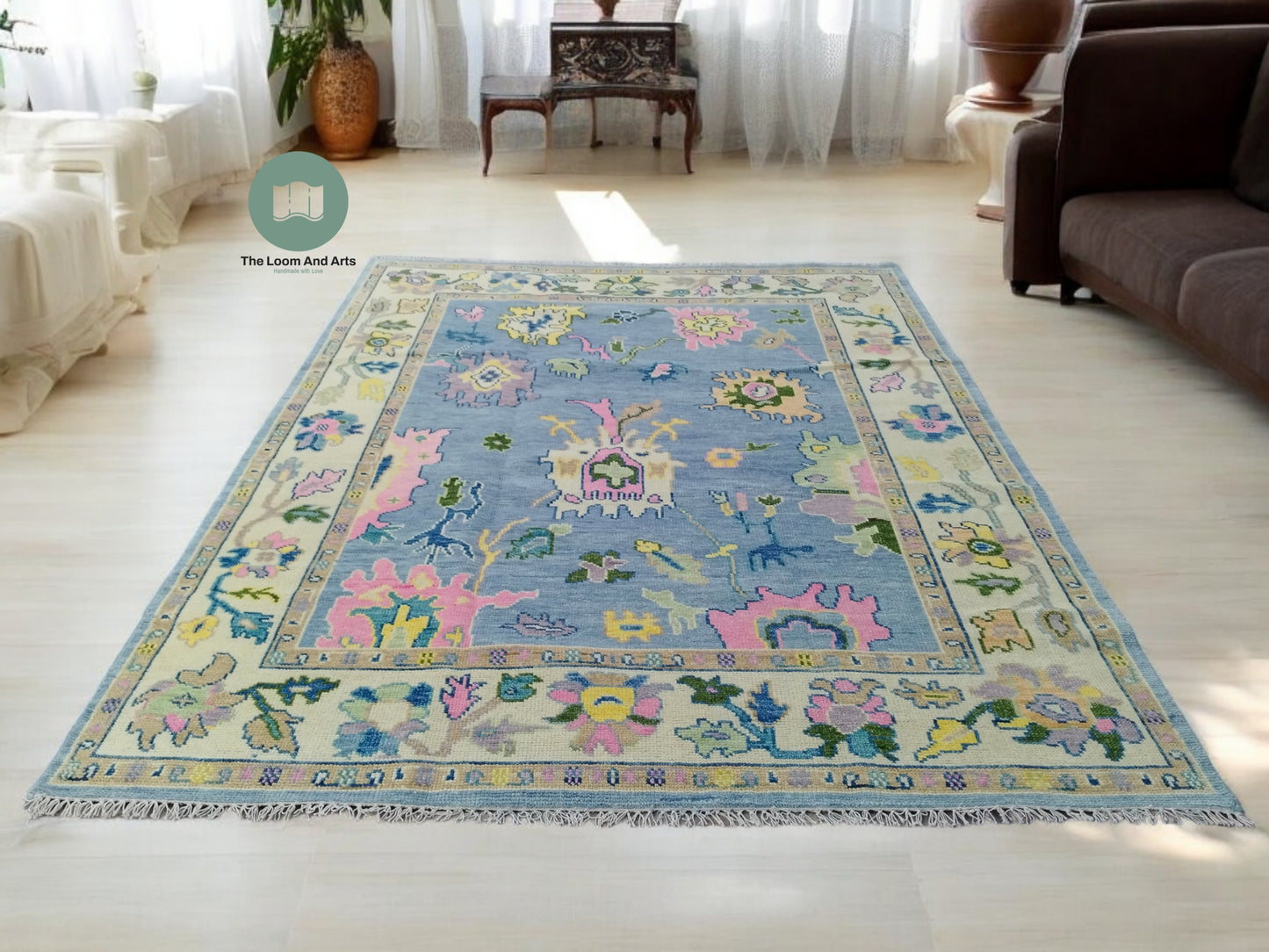 Blue Oushak Rug 9x12, Livingroom Oushak Rug, 6x9 Blue Oushak