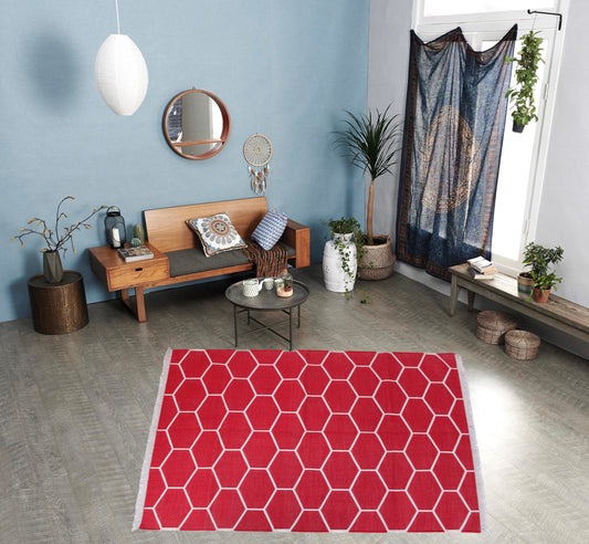 Red Flatweave Rug, Red Modern Flatweave Rug, Cotton Dhurrie Rug, Red Dining Room Rug