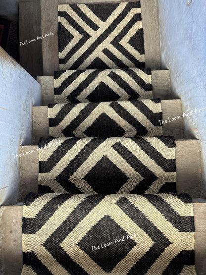 Black And White Jute Stair Runner, Modern Stair Runner, Floral Stair Rug