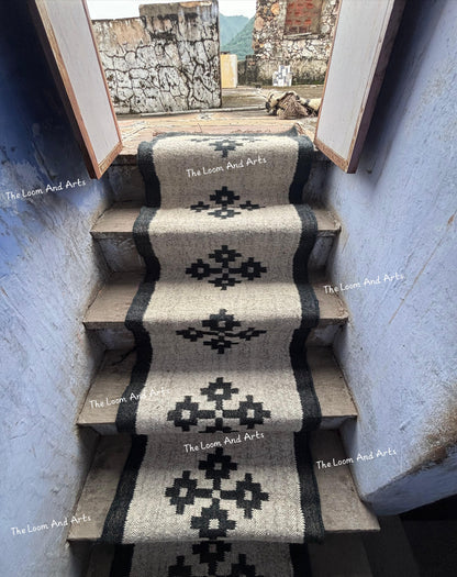 Navy Blue Jute Stair Runner, Staircase Rug, Floral Stair Rug