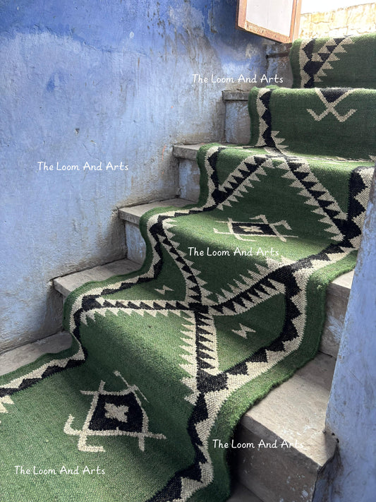 Green Jute Stair Runner, Staircase Runner Rug, Tribal Stair Runner