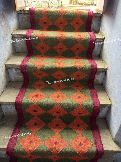 Green Jute Stair Runner, Staircase Runner Rug, Tribal Stair Runner