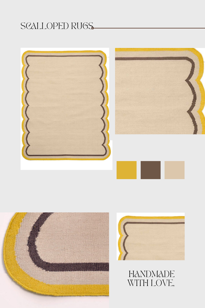 Beige Scalloped Rug 9x12, Flatweave Scalloped Rug, Yellow Border Scallops