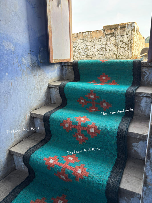 Sky Blue Jute Stair Runner, Staircase Runner Rug, Floral Stair Runner