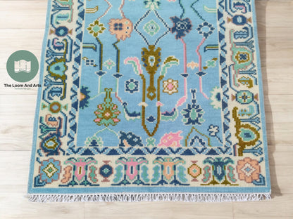 Blue Oushak Rug 9x12, Livingroom Sky Blue Oushak Rug, Blue Bedroom Oushak Rug 9x12, 8x10 Oushak, 9x12 Oushak Area Rug, Light Blue Oushak