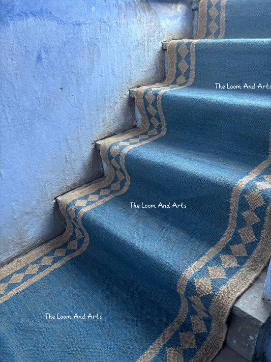 Blue Jute Stair Runner, Staircase Runner Rug, Floral Stair Runner
