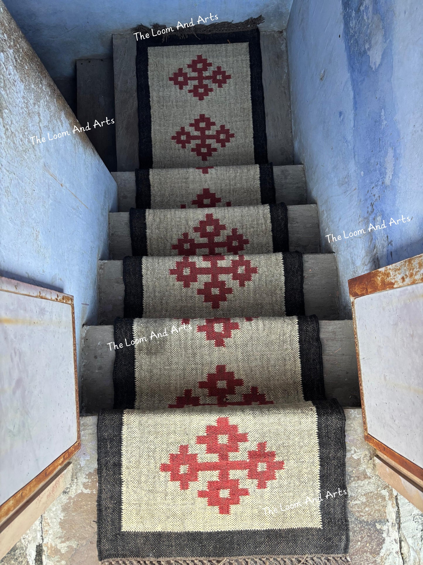 Red Jute Stair Runner, Staircase Runner Rug, Floral Stair Runner
