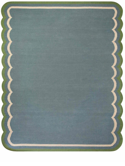 Flatweave Scallop Rug 9x12, Wool Scallop Rug, Modern Scallop 9x12, Green Border Scallop Rug