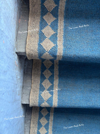 Blue Jute Stair Runner, Staircase Runner Rug, Floral Stair Runner