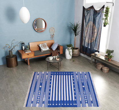 Blue Flatweave Cotton Rug, Modern Flatweave Rug, Cotton Dhurrie Rug, Dining Room Rug